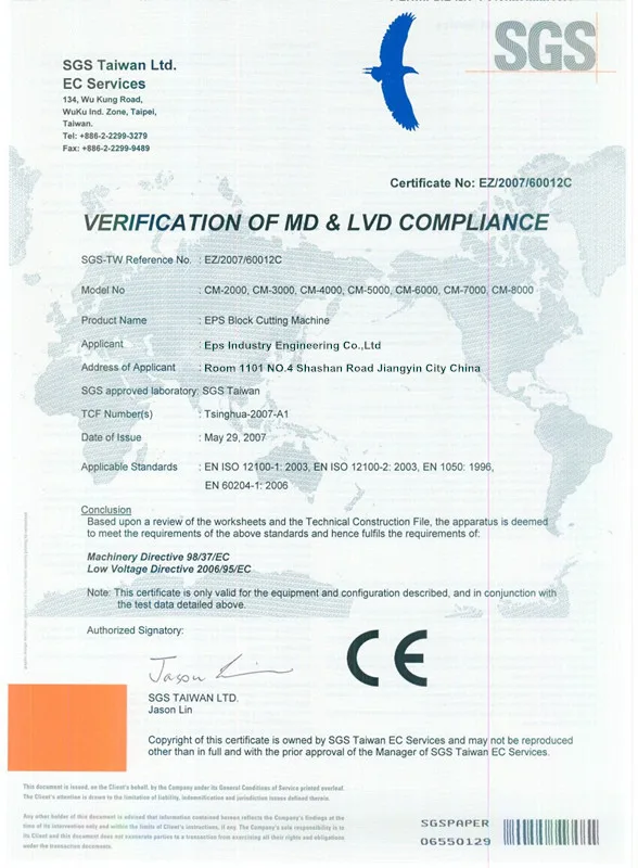 CE Certificate — EPS Cutting Machines